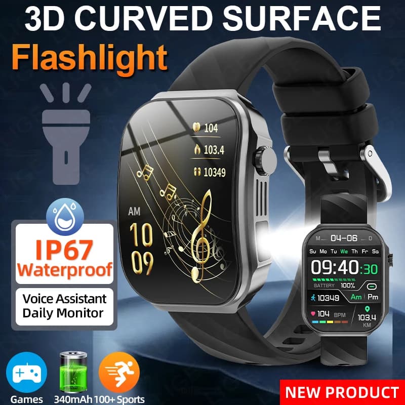 Nuovo Smartwatch Sportivo 3D con Schermo Curvo per Uomo e Donna, Torcia, Monitoraggio Frequenza Cardiaca, Chiamate BT, Musica