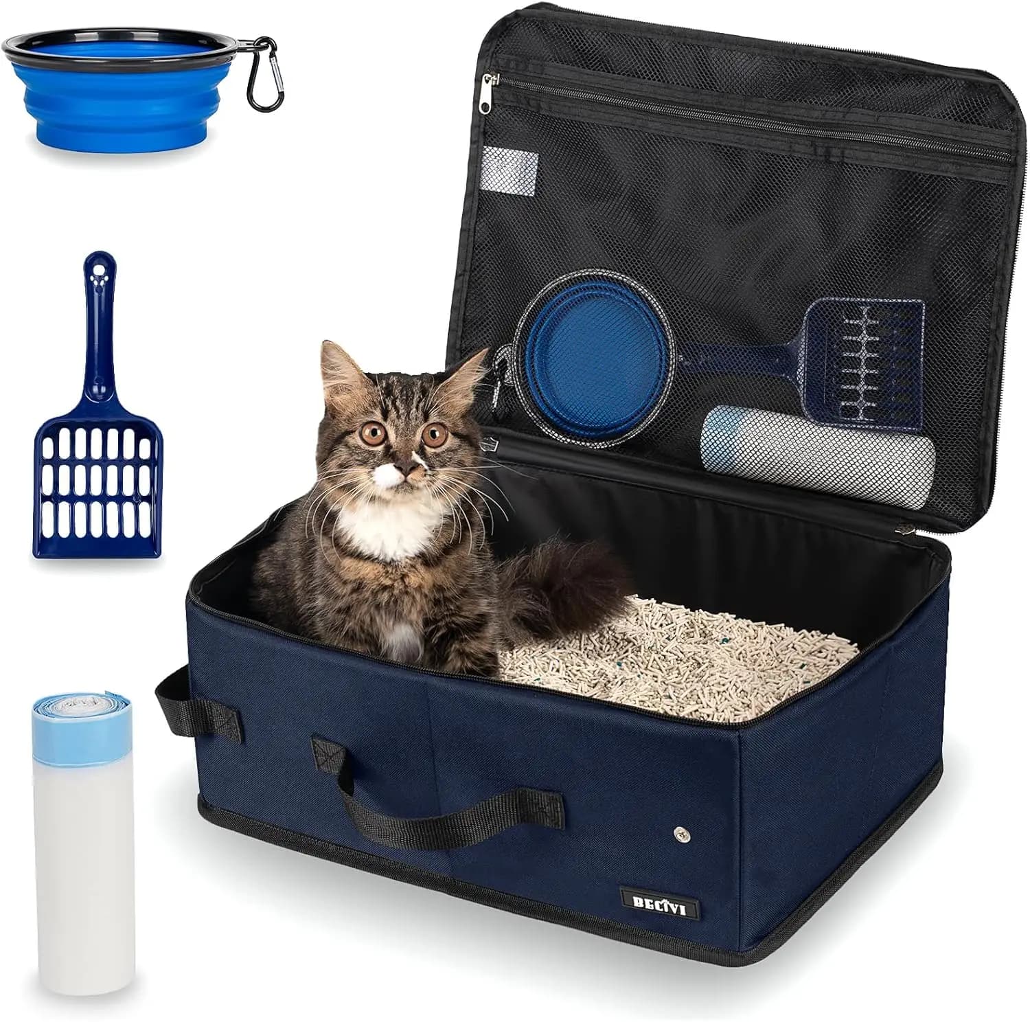 Lettiera Portatile da Viaggio per Gatti con Coperchio e 10 Sacchetti Monouso, Anti-Perdita e Pieghevole, Facile da Pulire e Anti-Odore