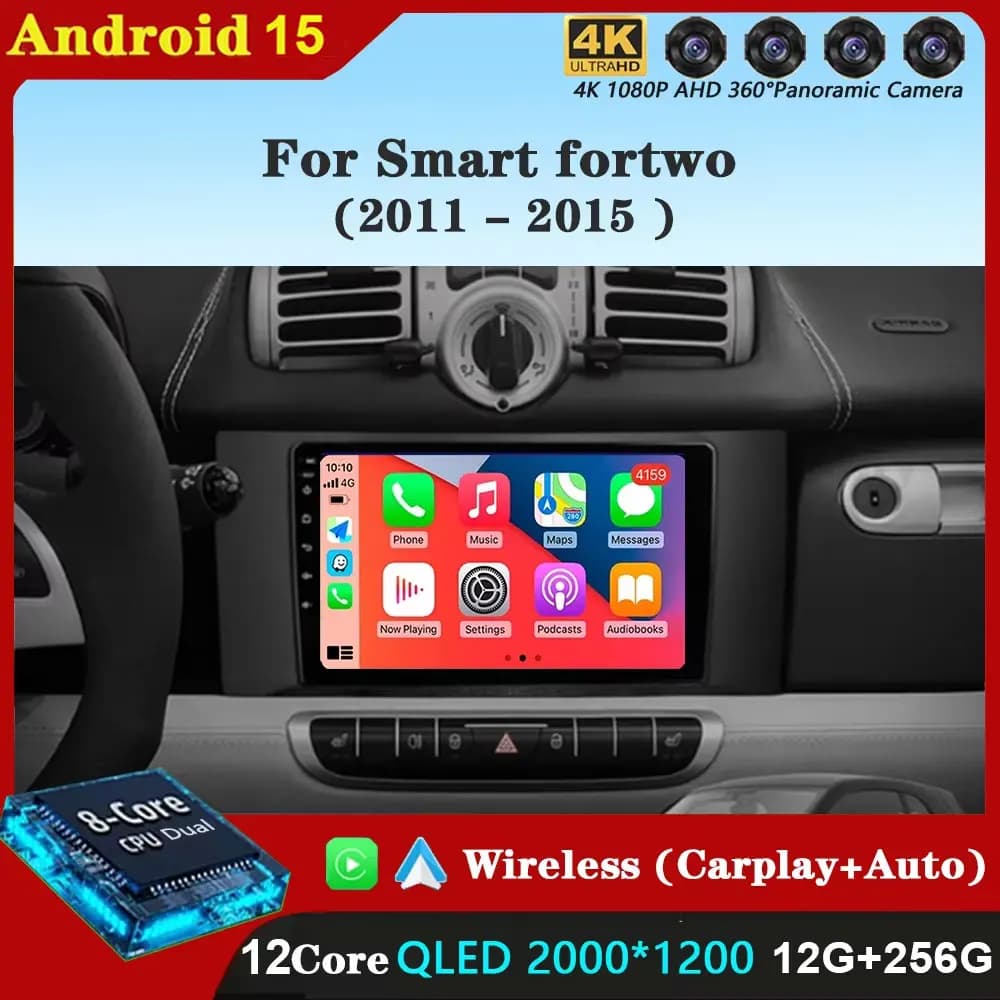 For Mercedes Benz Smart fortwo 2011 - 2015 Android 15 Carplay Autoradio Navigation Multimedia GPS Reader Stereo WiFi 360 Camera