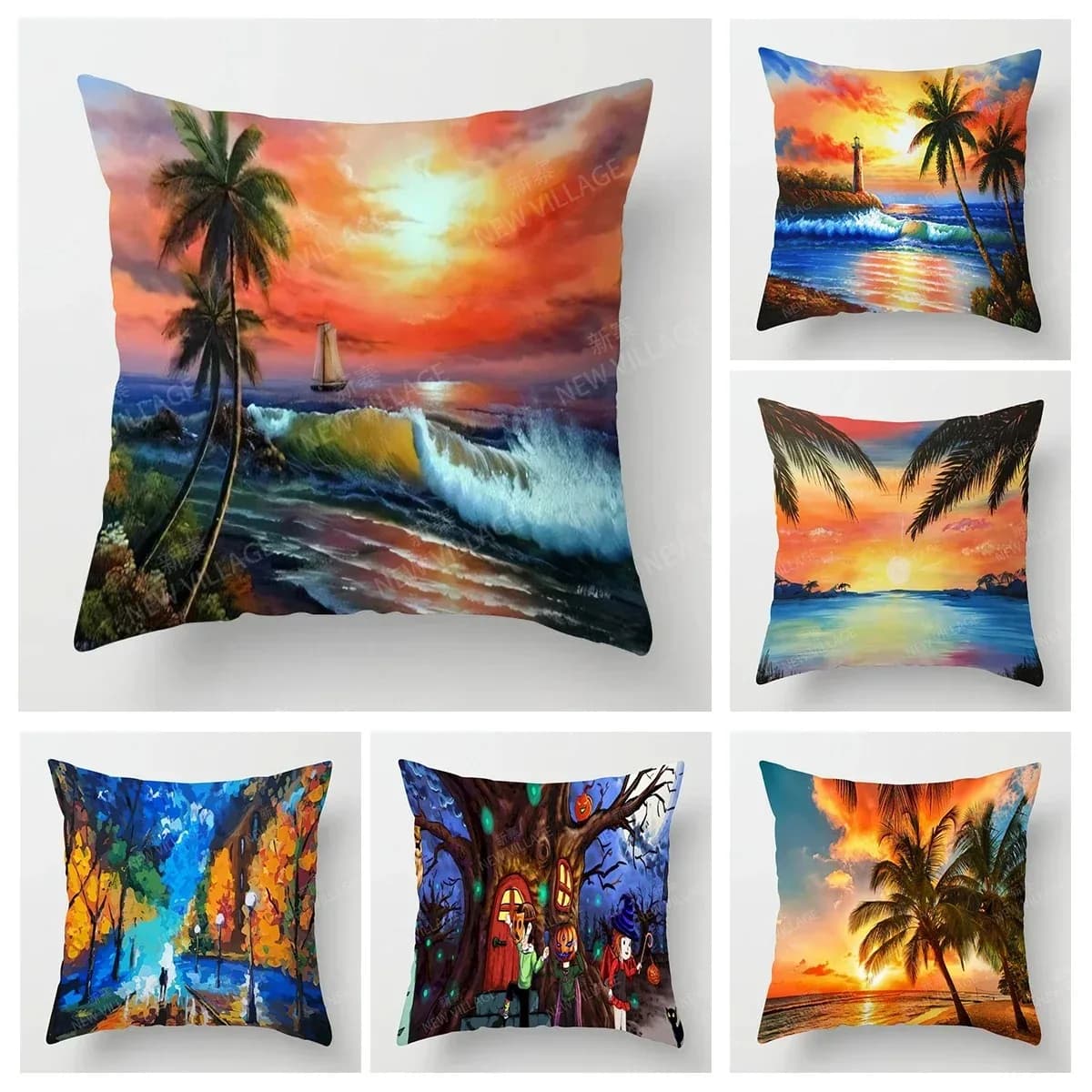 Sunset & Palm Tree Beach Pattern Double-sided Printed pillow cover Short plush Suitable living rooms sofas throw cushion cover