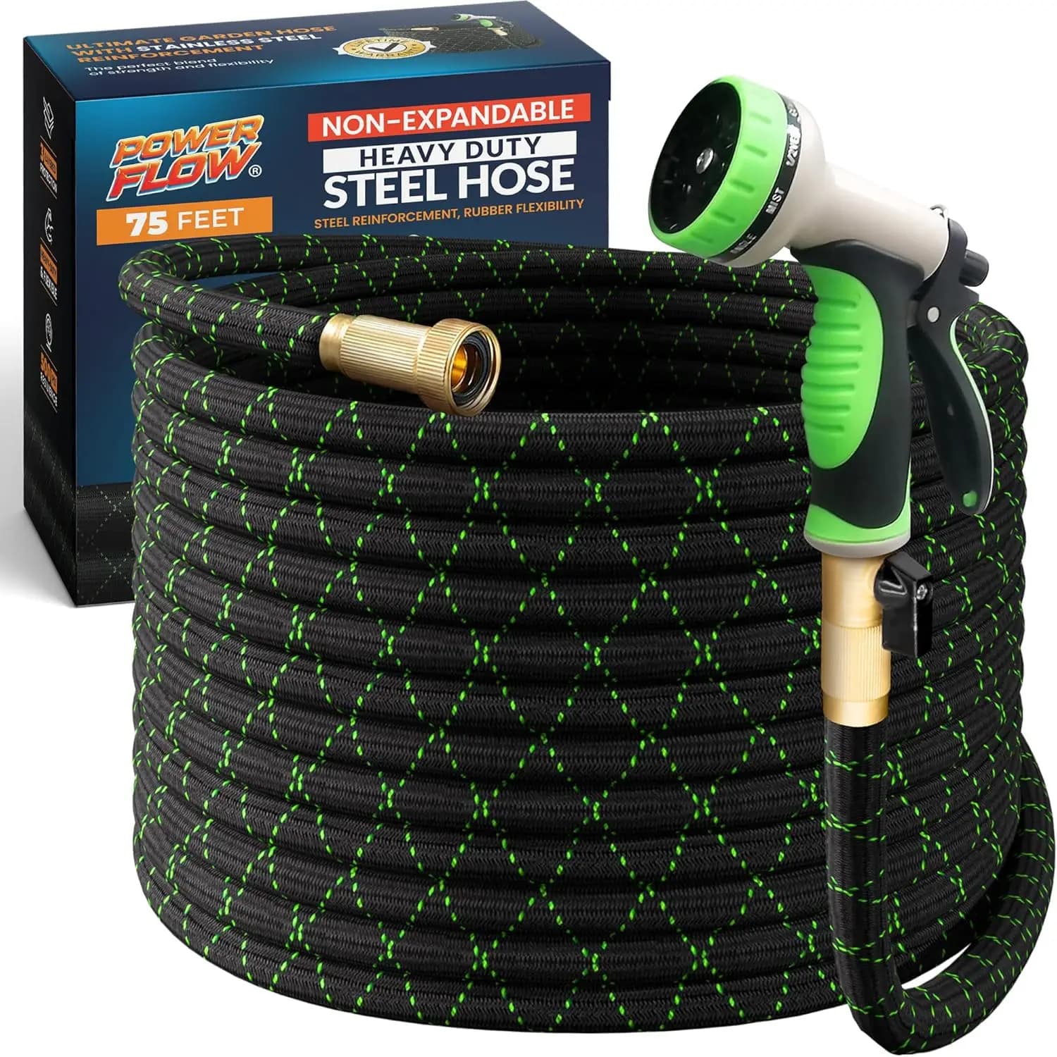 Tubo da Giardino Premium in Acciaio Inossidabile da 22,86 m con Rivestimento in Tessuto Resistente, Ugello Spray a 10 Funzioni per Uso Domestico e Commerciale