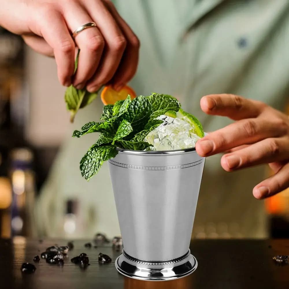 2pcs Stainless Steel Mint Julep Cup Beaded Trim Border Silver Stainless Steel Cocktail Mug 400ml Elegant Retro Mojito Cup Bar