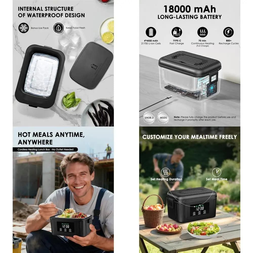 Portapranzo elettrico portatile senza fili da 1,4 litri per adulti: programmazione intelligente dei pasti, riscaldamento automatico, ideale per auto con borsa termica e