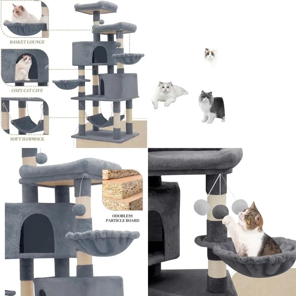 Torre per Gatti da Interno 58 con Giochi Multi-Livello, Tiragraffi, Amache, Trespolo e Palla, Grigio Chiaro