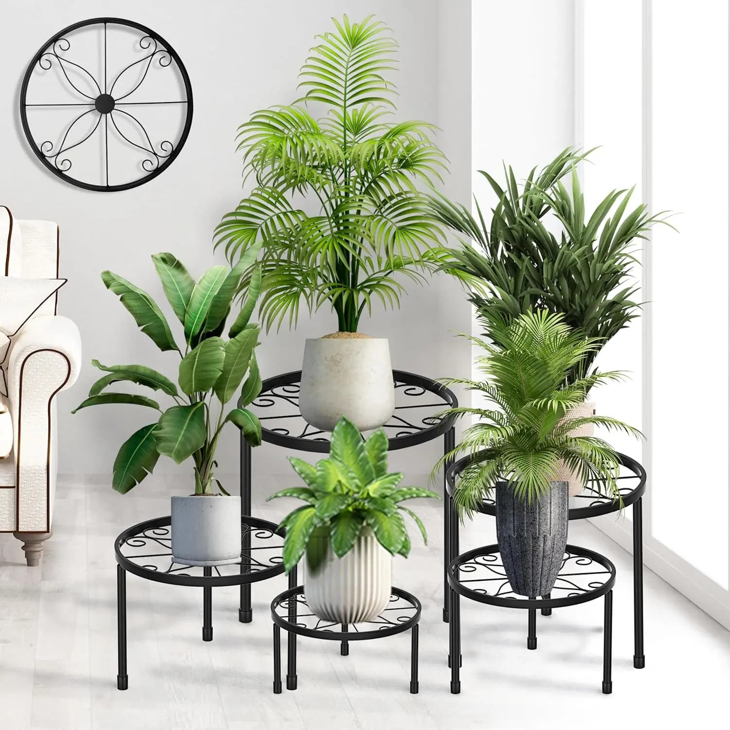 Set di 5 Supporti per Piante in Metallo per Uso Interno ed Esterno, Supporti per Vasi in Ferro Resistente Antiruggine per Piante Multiple, Decorazione per Casa e Giardino