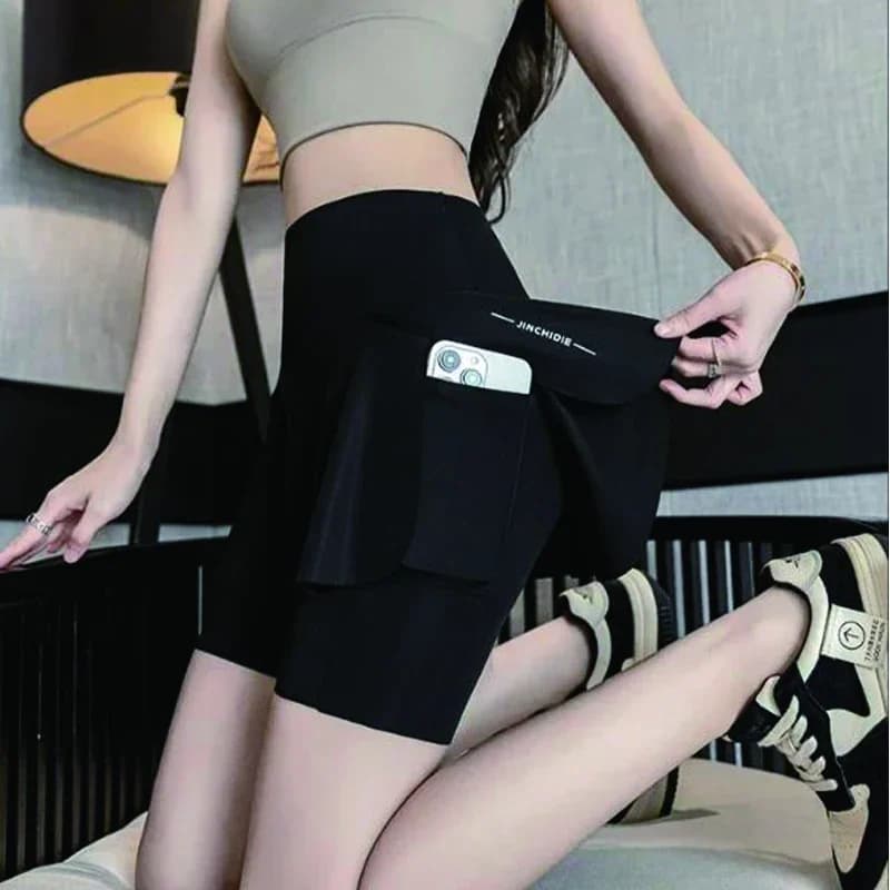 Summer sports skirt in ice silk Women's breathable high waist yoga shorts with stretched cycling shorts for training in pocket gym