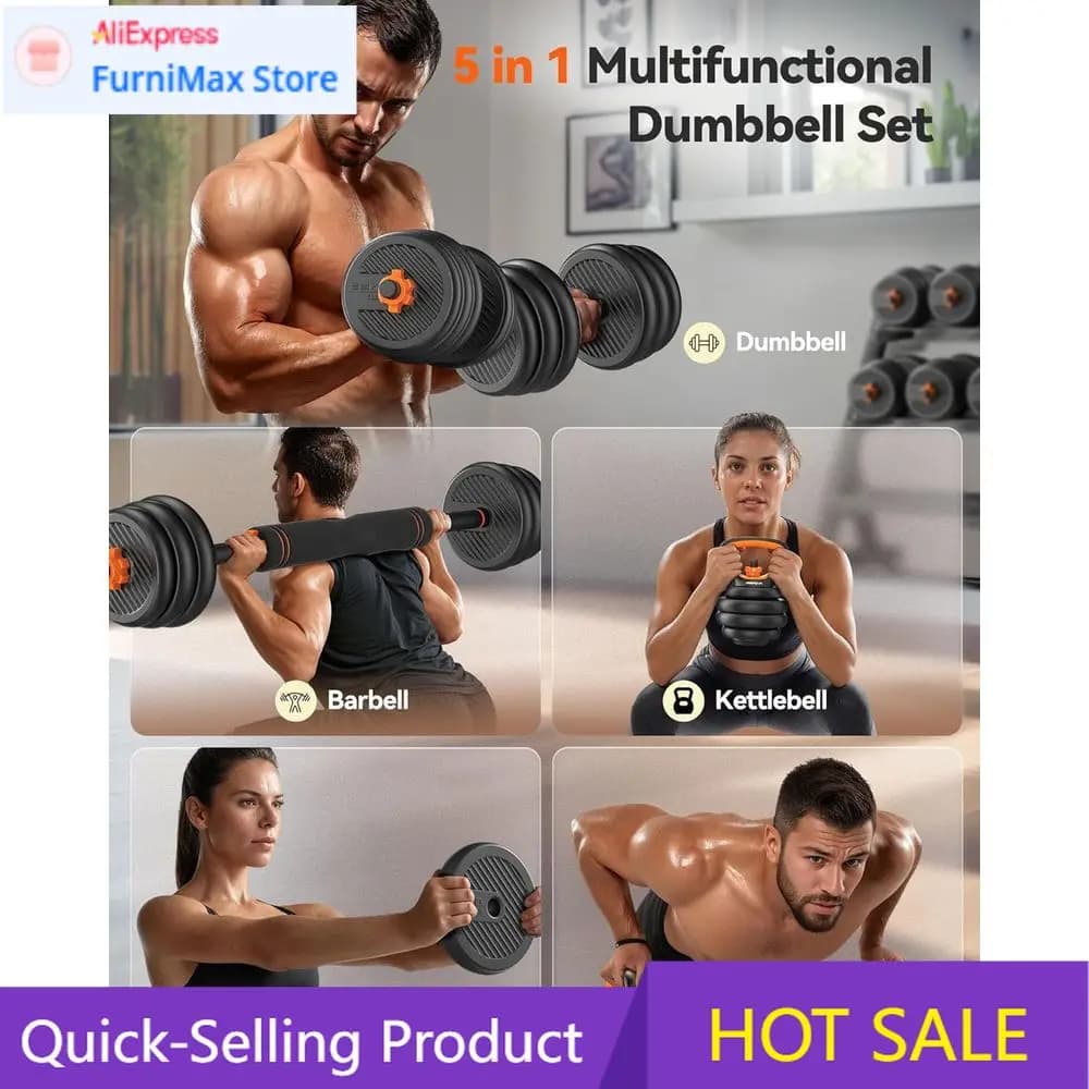Popular Adjustable Manubri - Set 5-in-1 from 20, 30, 45, 70, 90 pounds, Kettlebell, Traction Bar, Support, Weight Discs