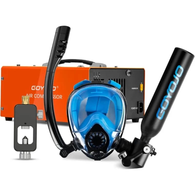 0.5L Scuba Tank Full Face Snorkeling Mask Combo Snorkeling Double Use Electric Diving Pump 3000PSI 5-8Min Underwater Breathing