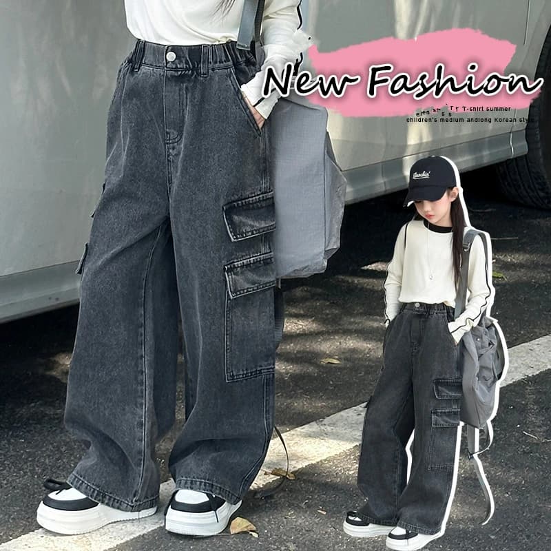 Jeans cargo grigi vintage da cowgirl con tasca per bambini Pantaloni casual in denim invecchiato per ragazze Pantaloni jeans dritti per bambini della scuola