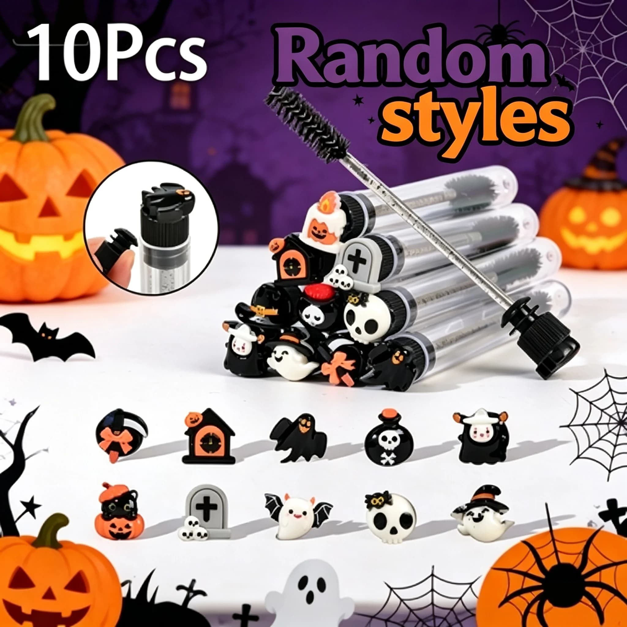 10pcs Halloween Mascara Wand Tube Spooky Horror Eyelash Brush Eyebrow Spoolie Kit for Party Makeup Brushes Cosmetic Grooming Set