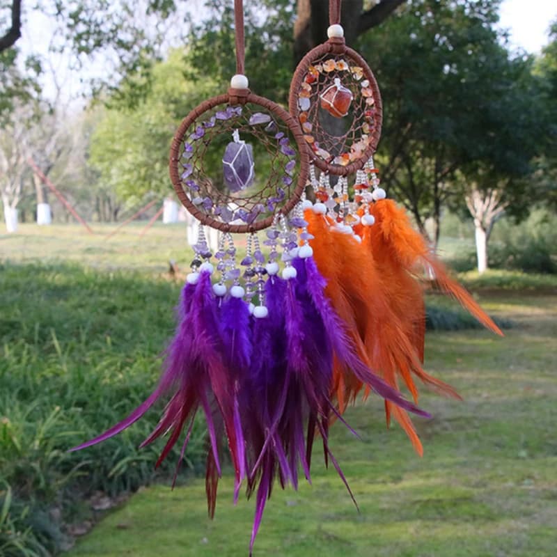 Trendy Natural Crystal Stone Dream catchers Amulet Feather Dream Catchers Bedroom Wall Hangings Decor Total length 40cm 1Strand