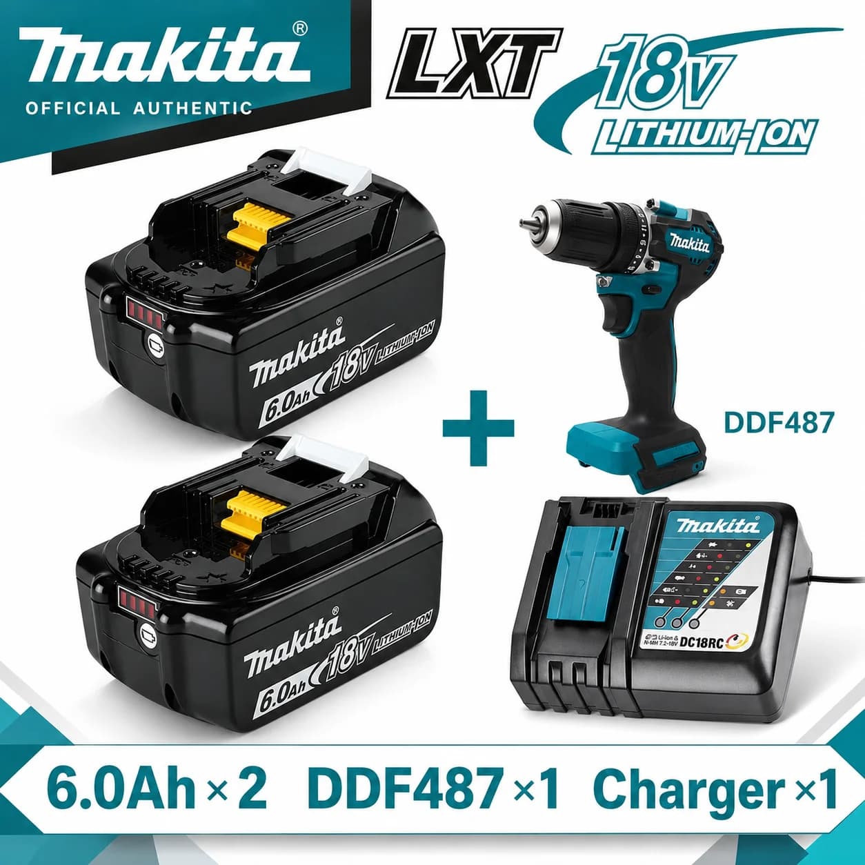 Makita 18V DDF487 Battery Drill, Electric Tools Set with Battery 5.0/6.0/9.0Ah, Replacement BL1860B, DC18RC Charger, LXT Li-ion Kit