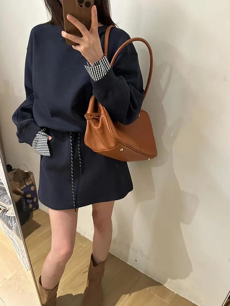 Casual Sportswear Set Women's Early Autumn Miu Plaid Splicing Long Sleeve Sweatshirt Skirt Two Piece Set Breathable Medi...