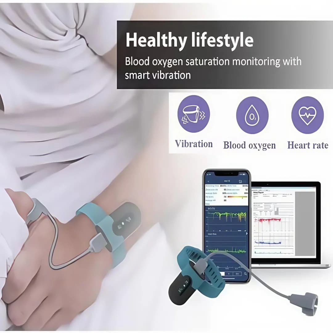 Bluetooth wearable pulse oxometer, heart rate monitoring, pulse, sleep, breathing, oxygen saturation, using wireless data storage oxymeter