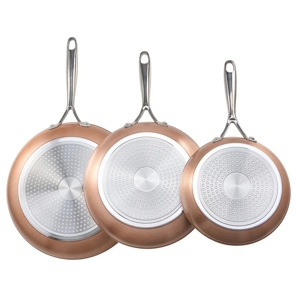 Set of 3 aluminium pans with handle, pre-seasoned, grey, 8, 10 and 12 inches