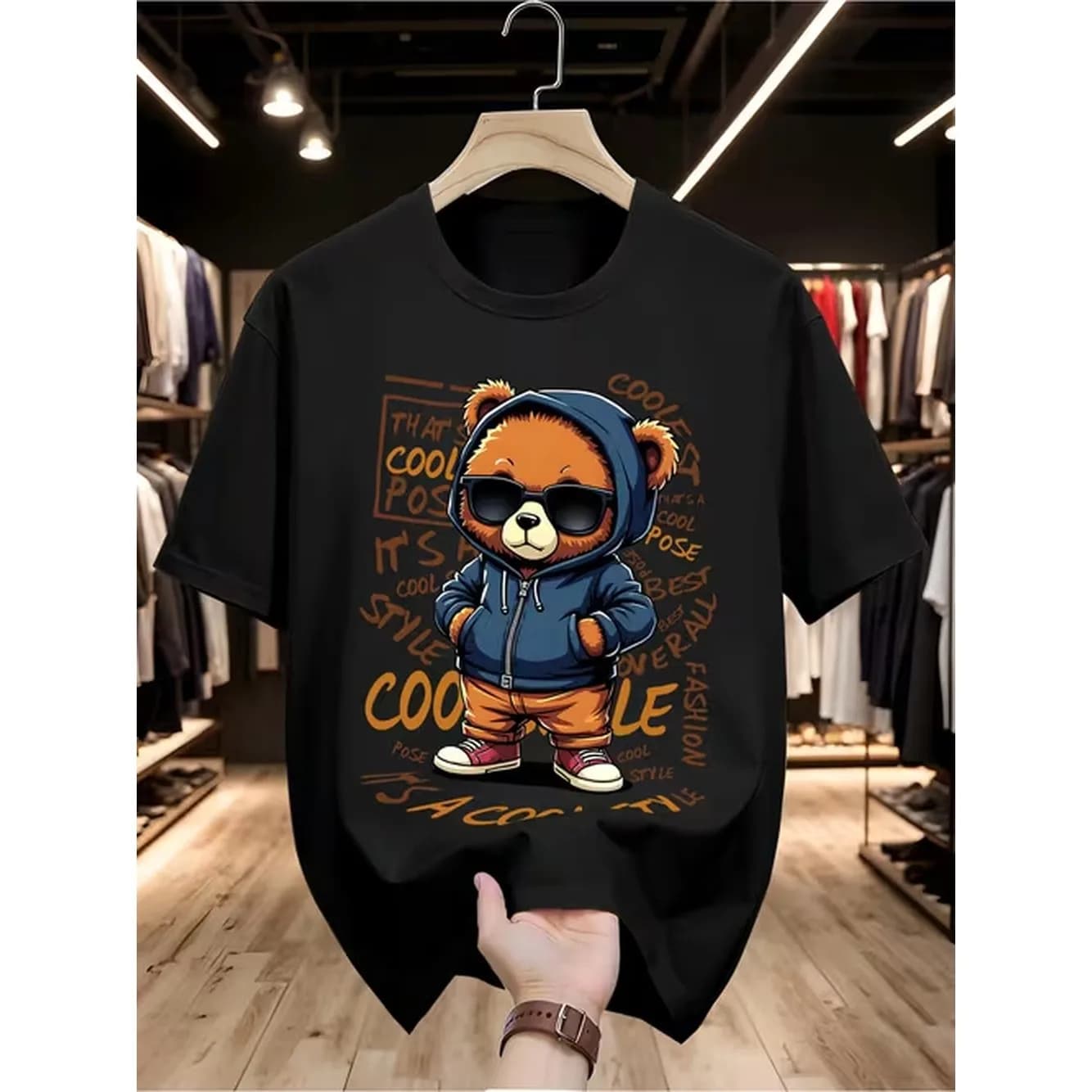 item picture cartoon bear hoodie style mens 3xl 5xl crew neck t shirt black white basic casual fashion statement graphic print summer autumn streetwear gift for him plus size
