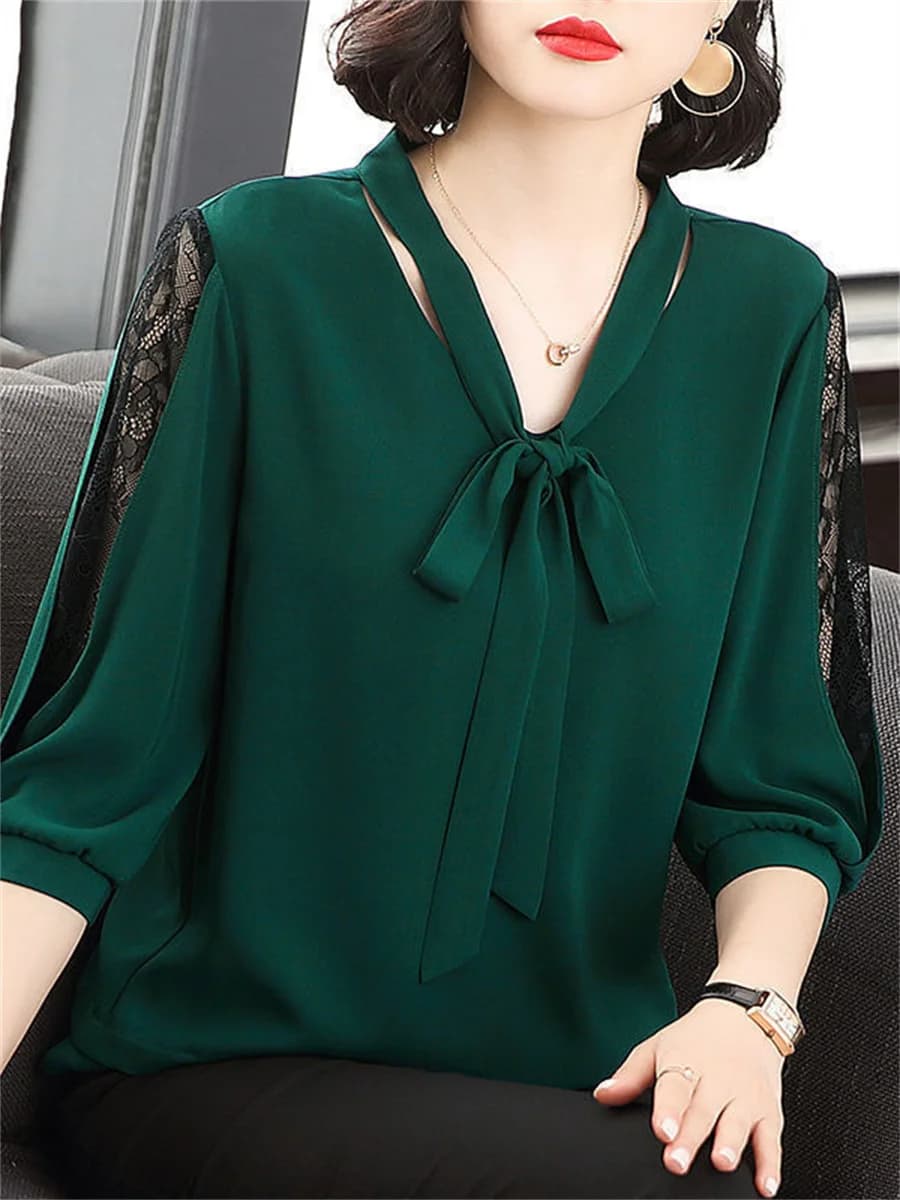 Women's Style Blouses Spring Summer Top Lady Casual Papillon Colloar Half Sleeved Lace-Sleeved Blusas Top DF4275
