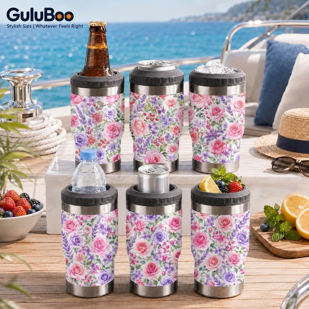 Pink Rose Watercolor Floral 4-in-1 Insulated Can Cooler Cup For Beer Soda Coffee, Stainless Steel Hot Cold Drink Holder Mug
