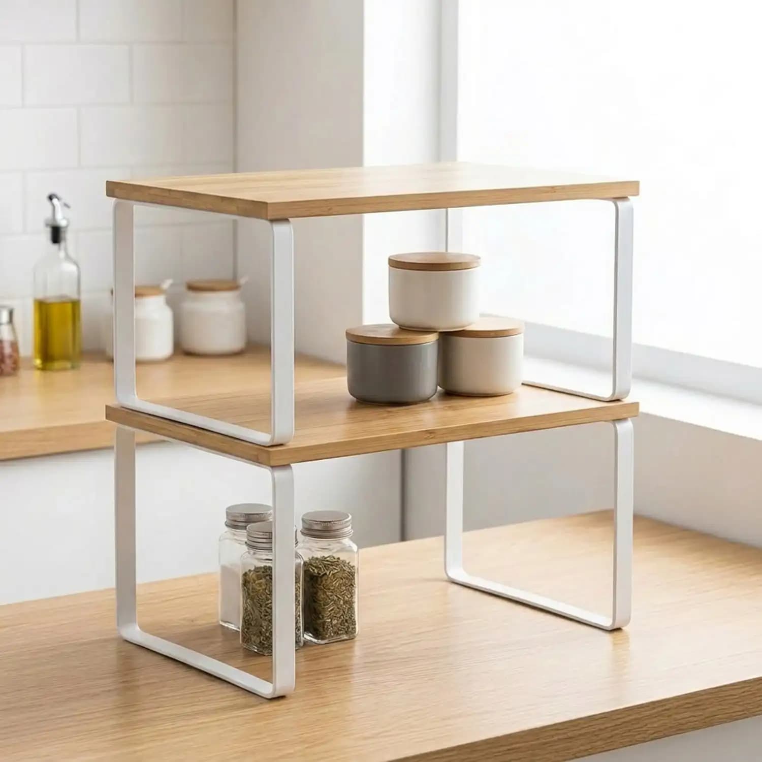 Set Of 2 Cabinet Organizer Shelves Modern White Natural Bamboo Kitchen Counter Shelves Wood Metal Spice Rack Organizer Expandable Shelf Riser For Kitchen Countertop Pantry Cupboard Bathroom Desktop Housewarming Gift