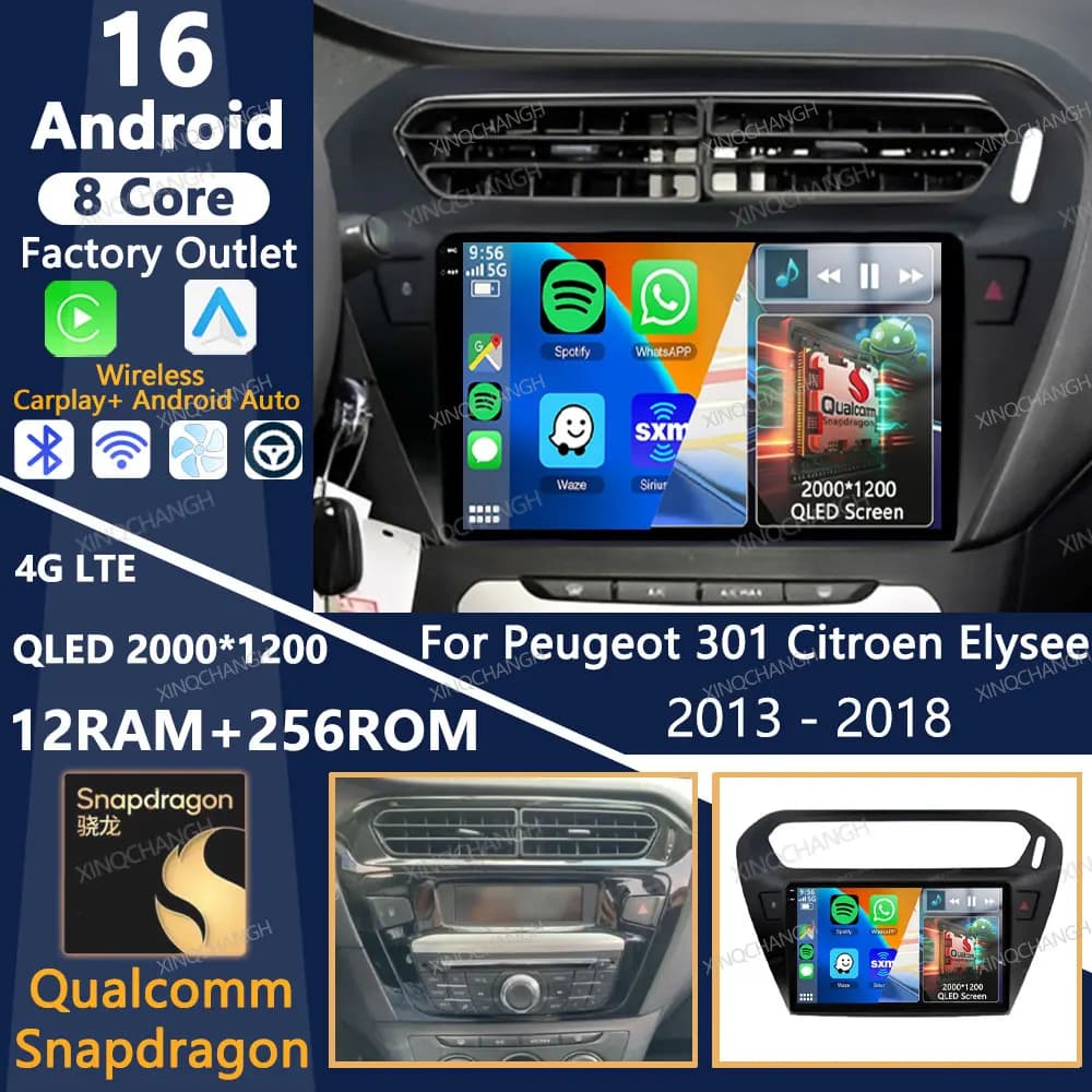 Autoradio Android 16 per Peugeot 301 Citroen Elysee 2013 - 2018 QLED Lettore Multimediale Video BT GPS Carplay Auto 4G LTE 5G WIFI