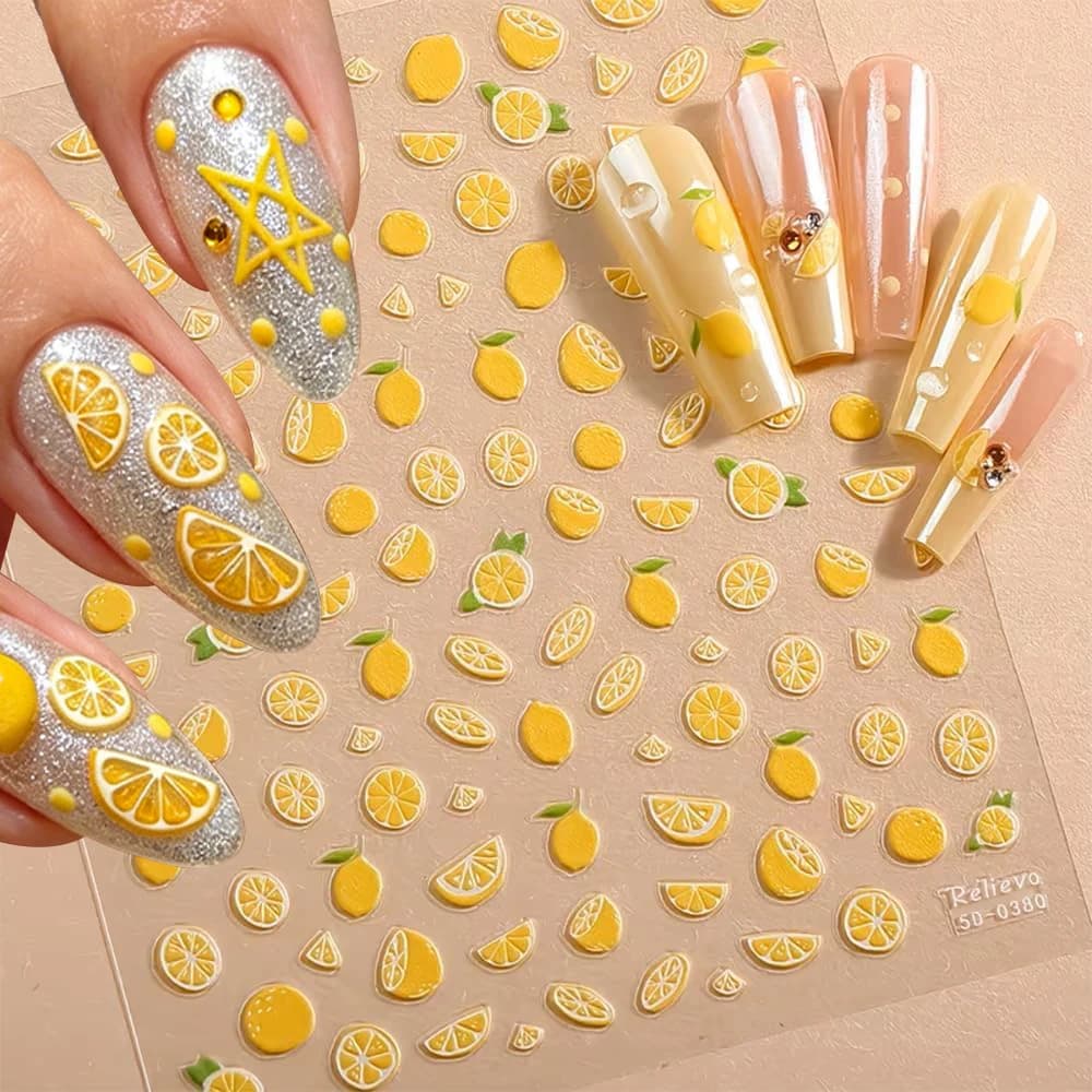 Adesivi per Unghie Estivi a Forma di Limone, Decorazioni 5D Autoadesive per Manicure, Ornamenti Fai-da-Te in Rilievo per Viso e Corpo