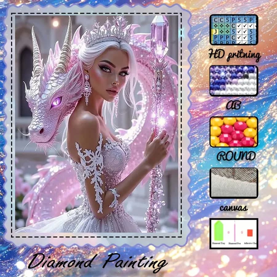 1 pezzo - 5D-DIY - Tessuto floccato - Trapano speciale - Set per pittura con diamanti - Drago e Principessa - Mosaico - Diamond Art