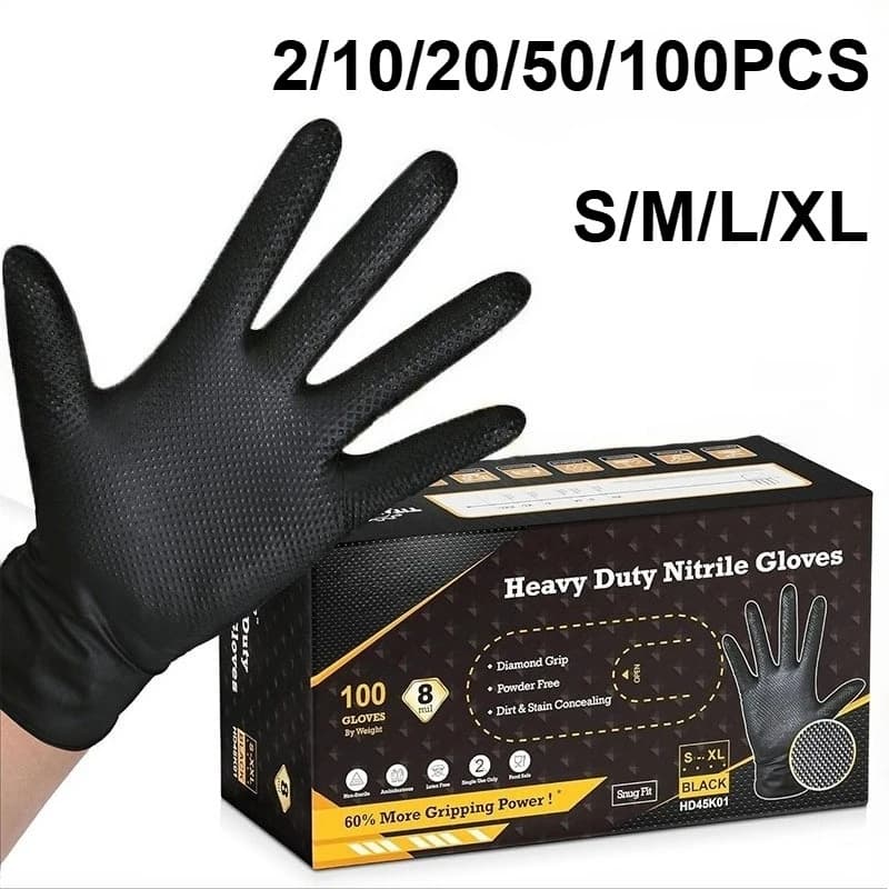 2-100PCS 8mil Heavy Duty Industrial Black Nitrile Gloves, Raised Diamond Texture, Latex Free for Mechanic Safety & Work Gloves