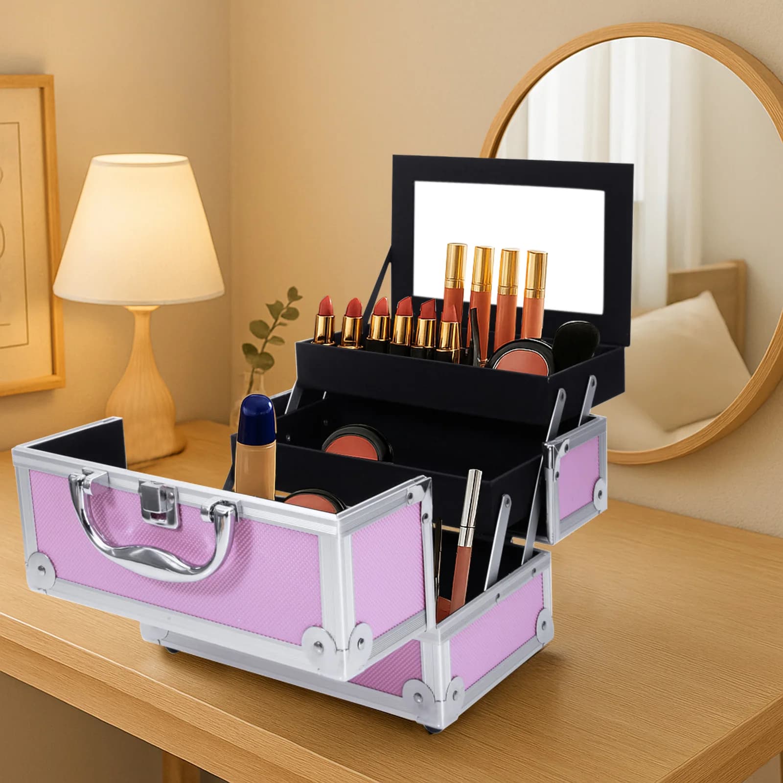 Valigetta per Trucchi in Lega di Alluminio Rosa, Doppia Apertura Superiore, Portatile con Specchio, Organizer da Viaggio per Cosmetici, Beauty Case da Salone e Casa per Donne