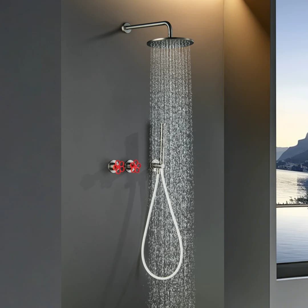 Set Doccia Bagno in Ottone Nichel Spazzolato, Miscelatore Doccia a Soffitto a Cascata Nascosto Caldo e Freddo