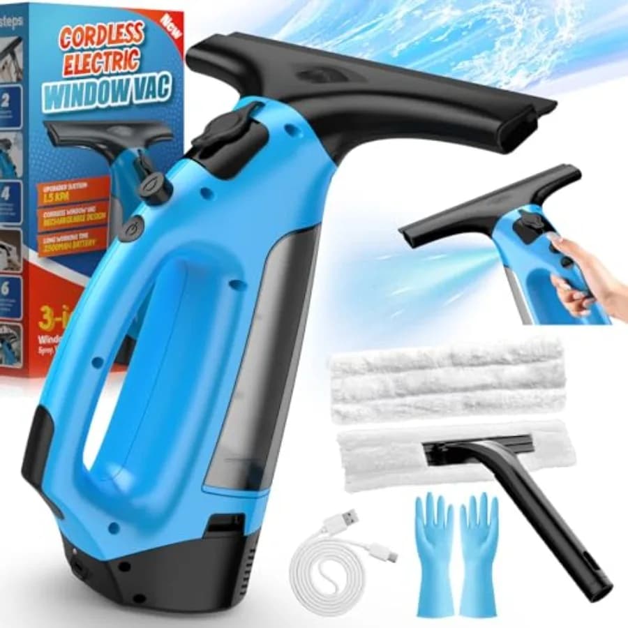 Aspiratore per finestre ricaricabile 3 in 1 senza fili con lama da 10 pollici per pulizia efficiente di finestre tramite spruzzatura, strofinamento e aspirazione