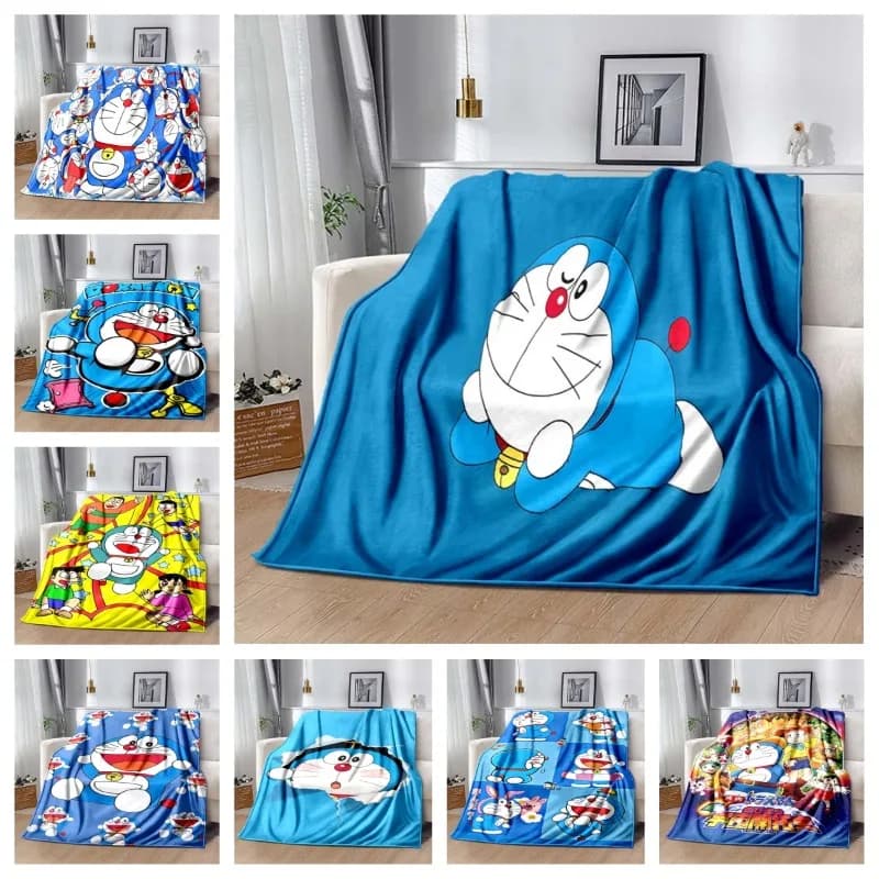 Doraemon Anime Cartoon Print Flannel Blanket Soft Warm Throw For Kids Bedroom Living Room Couch Home Bedding Decor Holiday Gift