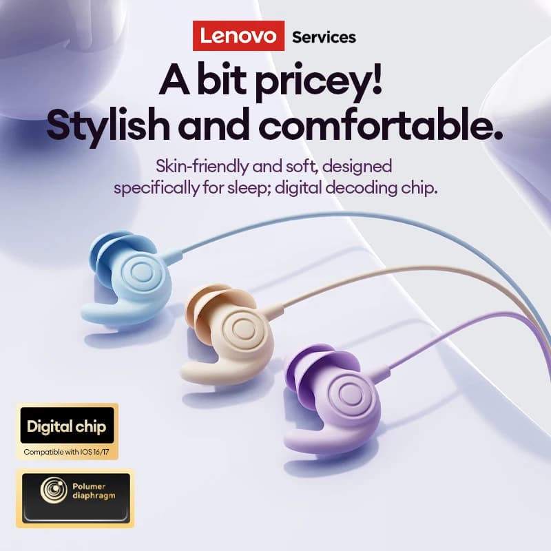 NUOVI Auricolari Lenovo YF40 con Filo per il Sonno, Jack 3.5mm/Type-C, in Silicone, In-Ear, Stereo Hi-Fi, con Doppia Riduzione del Rumore