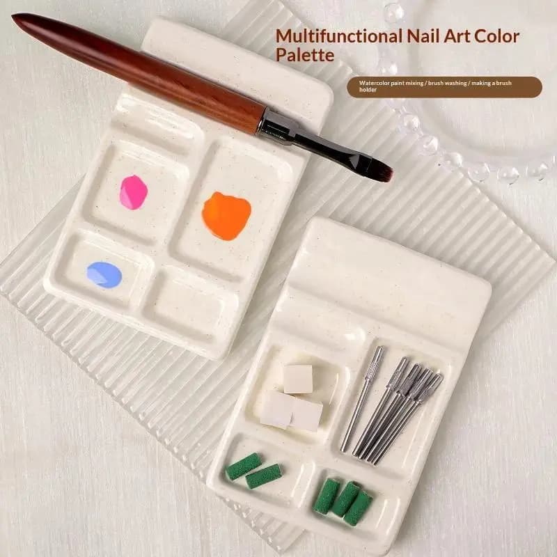 Multi-use Nail Art Mixing Palette with Integrated Brush Holder, Non-slip Base Easy Clean for Home DIY Manicure Salon