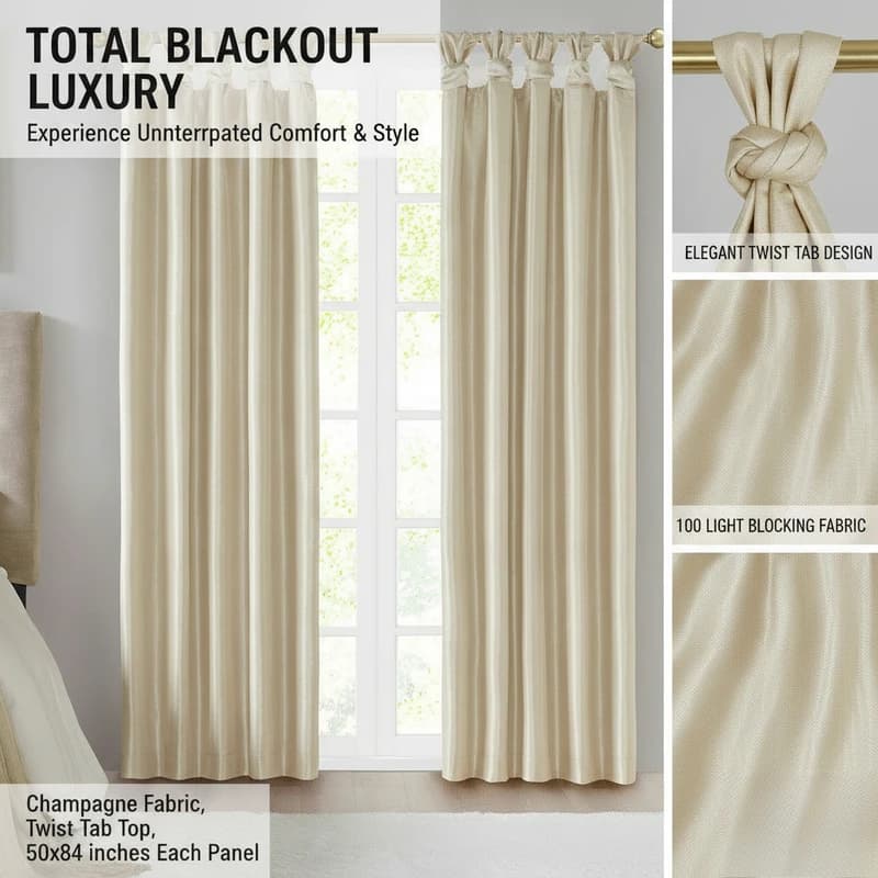 1PCS Champagne Twist Tab Blackout Curtains 50x84 Inch, Thermal Insulated Polyester Window Drapes For Bedroom Living Room Home Decor