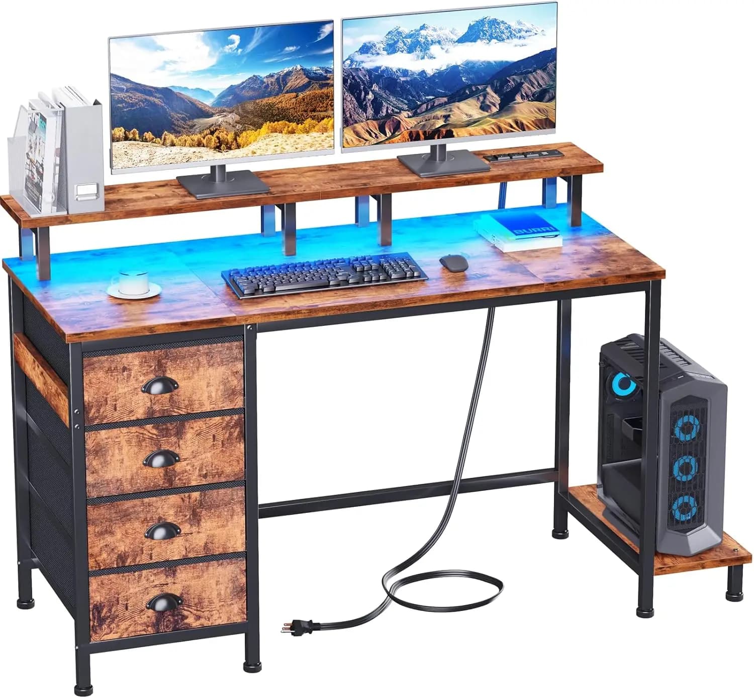 Scrivania per computer da 47 pollici con 4 cassetti in tessuto, scrivania da gioco con prese di corrente e luci a LED, scrivanie per ufficio domestico con monitor completo