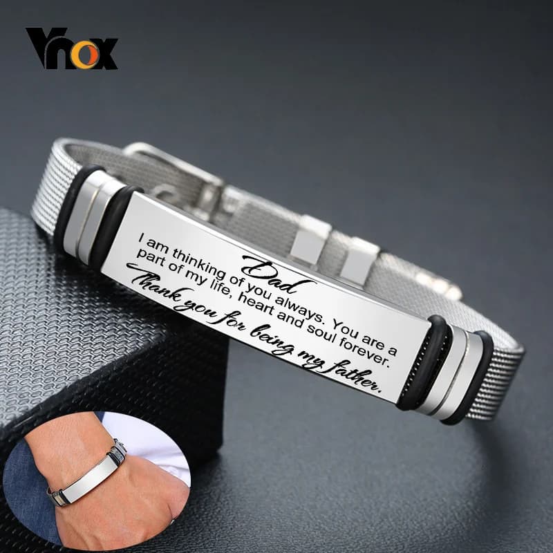 Vnox Mens Stainless Steel Custom Engraving ID Tag Dad Bracelets Gift Length Adjustable With Mesh Strap Gift Jewelry For Dad