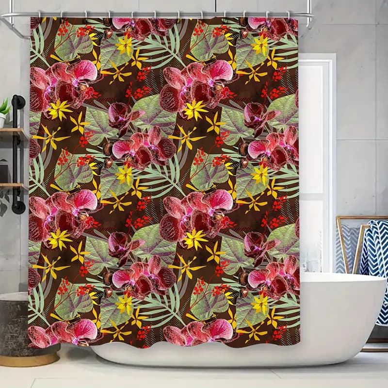 Tenda da doccia floreale vibrante: foglie verdi rosa con accenti gialli Decorazioni per la casa da bagno per spazi bagnati Tessuto impermeabile con supporto da