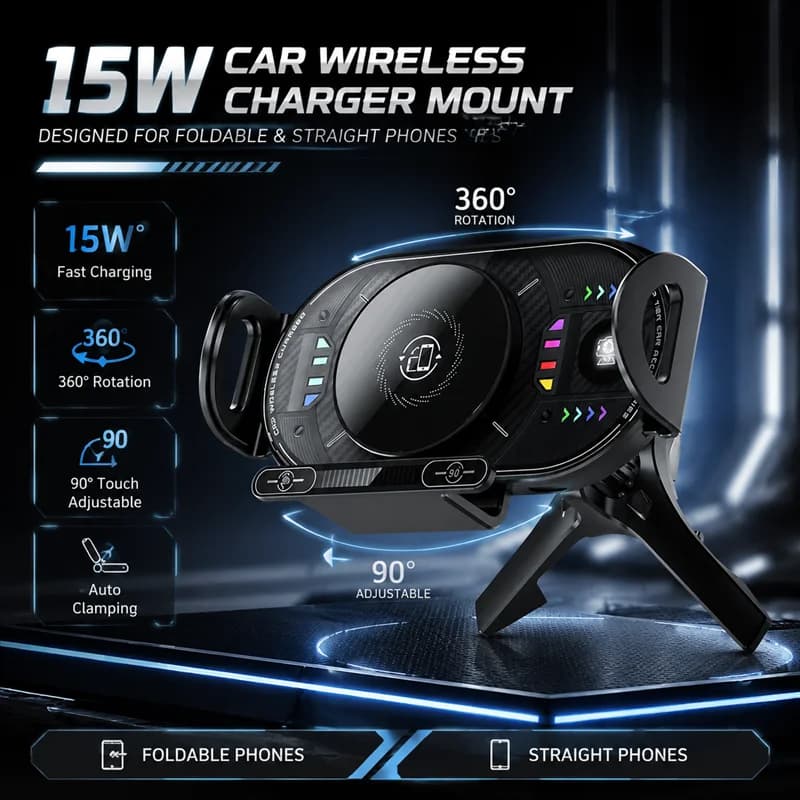 15W Car Wireless Charger Mount Touch Control 90 Degree Rotation RGB Ambient Light Car Vent Phone Holder for Foldable Smartphone