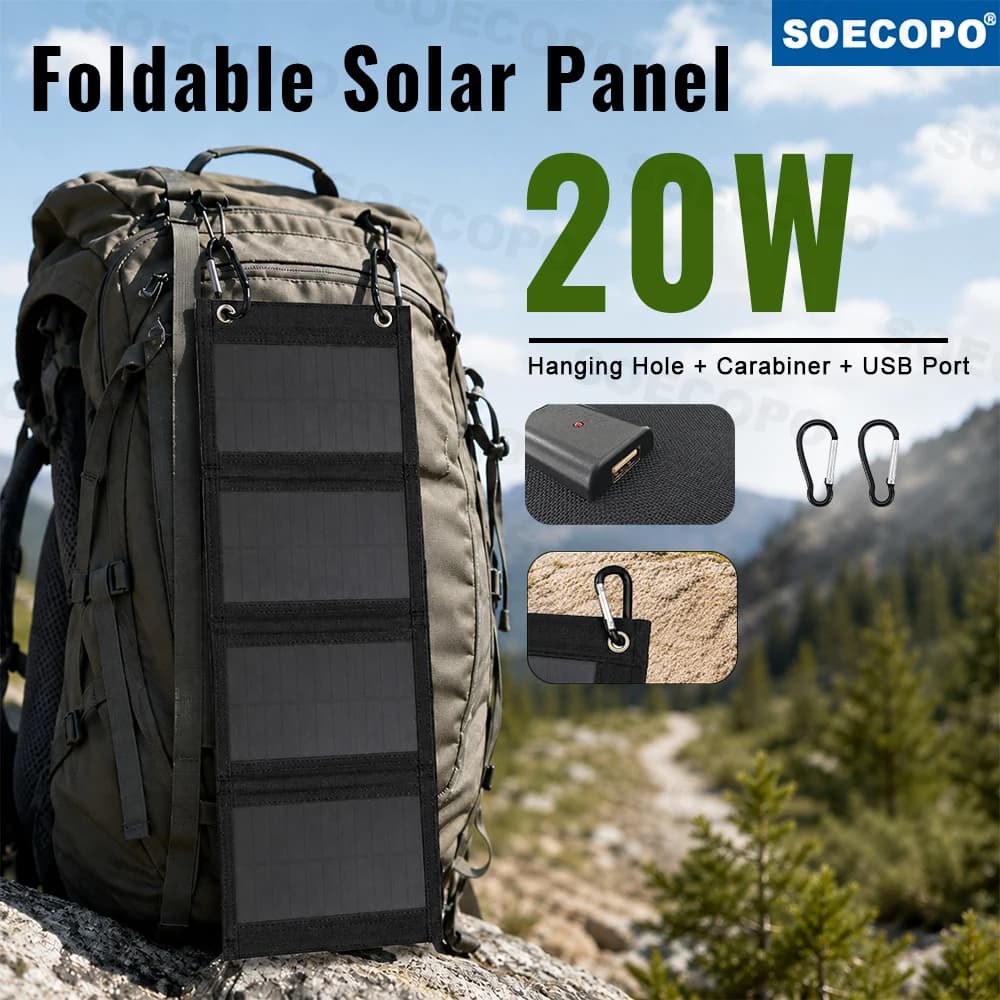 20W Foldable Solar Panel Portable USB Charger Lightweight Solar Charger for Camping Hiking Backpacking Outdoor Activities Lawn