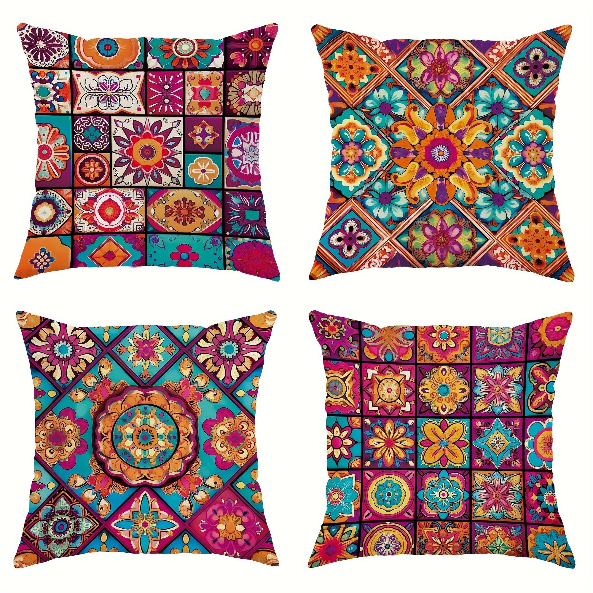 Vibrant Mandala and Checkered Cushion Covers - Bohemian Style Modern and Fashionable Decorative Pillowcases