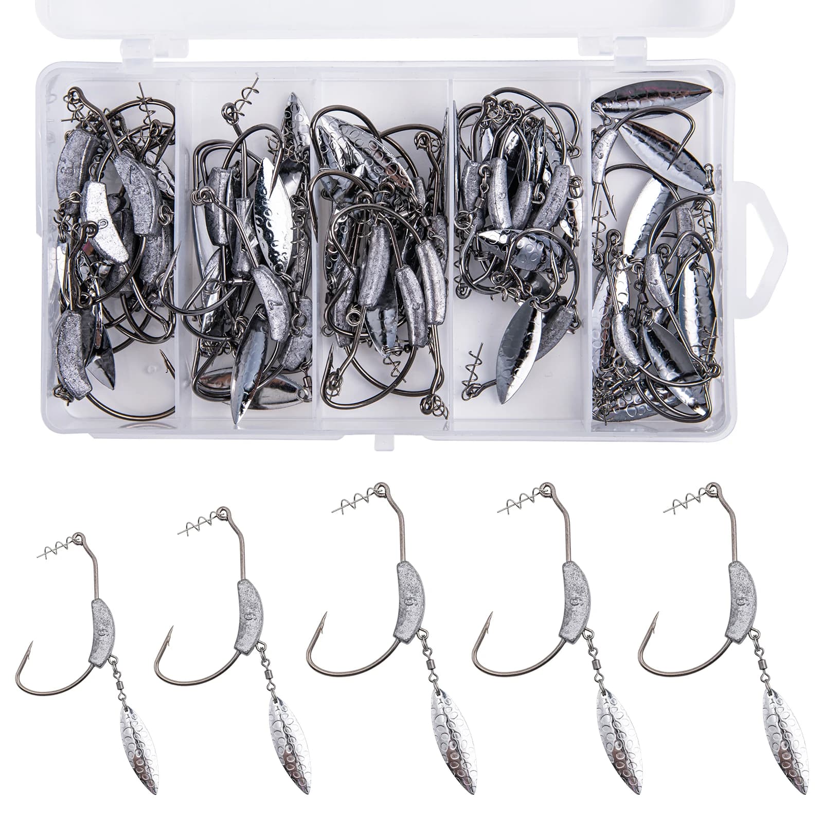 Goture 40 pz/scatola Amo da pesca in metallo con girella oro/argento, amo a cucchiaio Underspin per esche morbide, kit attrezzatura per la pesca al Black Bass