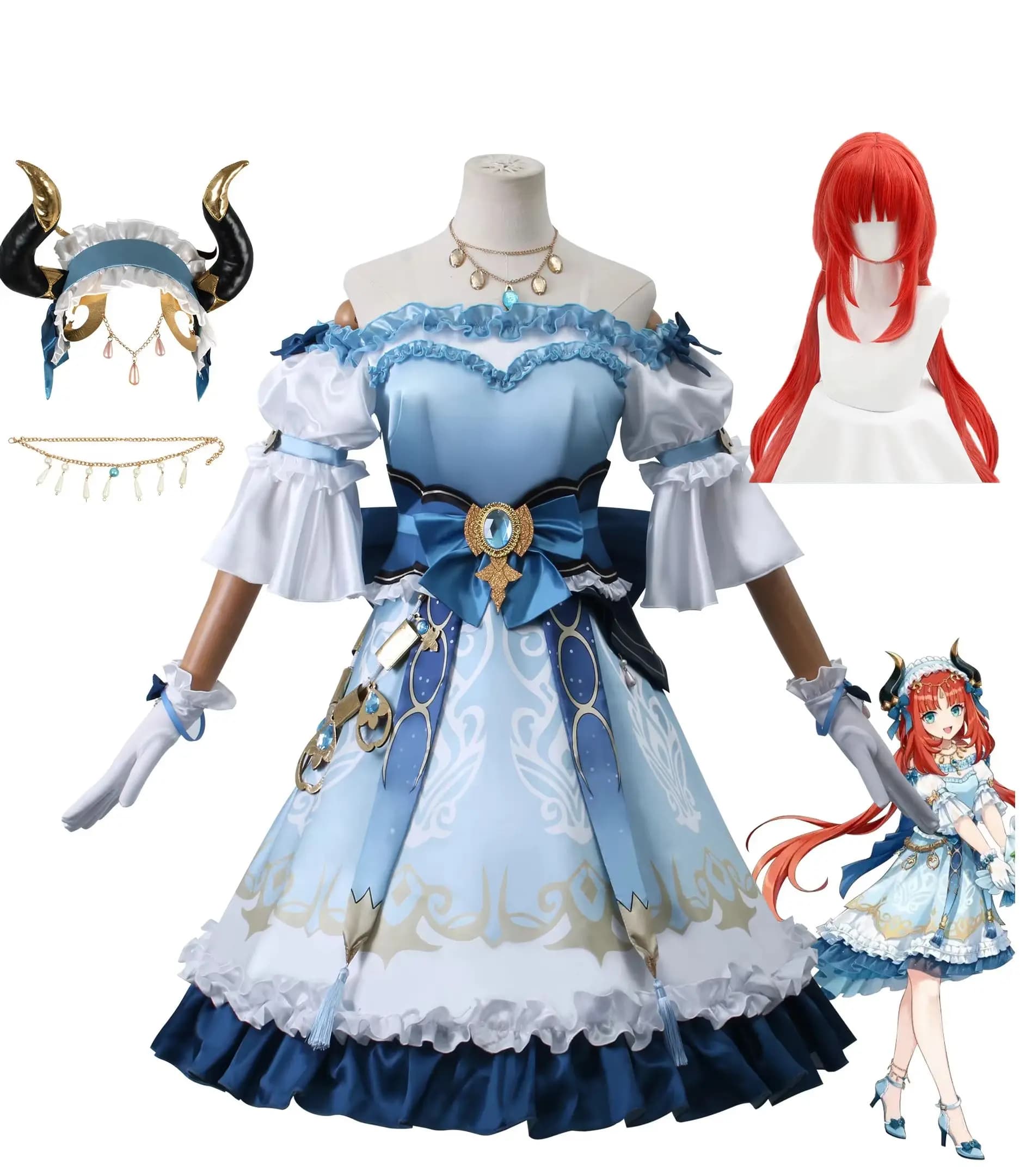 Collezione di abbigliamento giapponese Nilu: set completo di abiti plissettati blu e bianchi per cosplay, personaggi di anime e giochi, Halloween