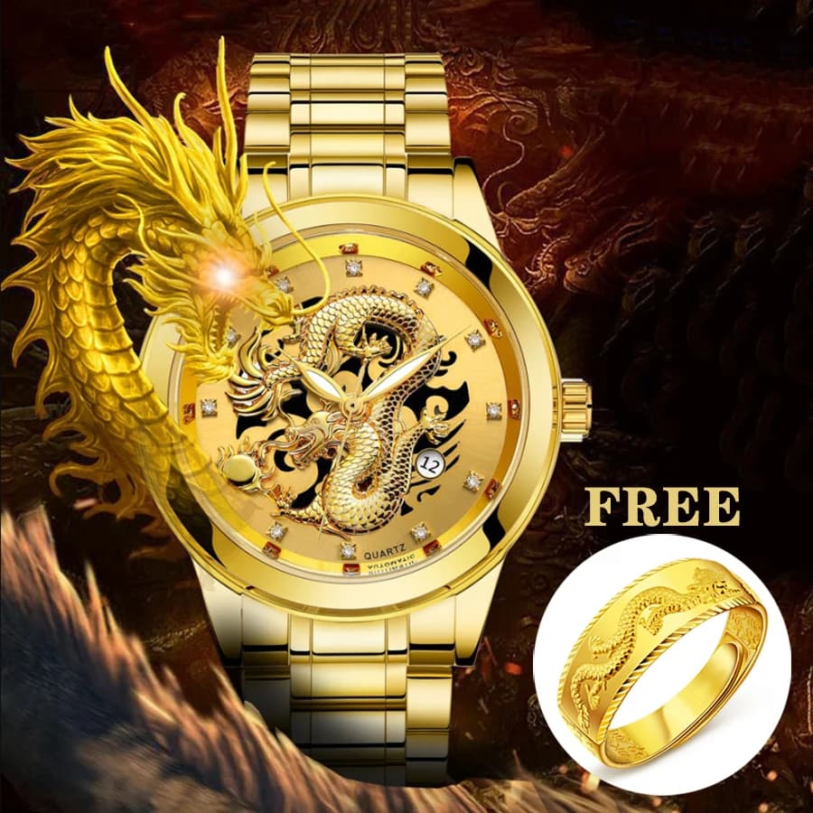 [FREE RING] Men Gold Dragon Design Quartz Watch Fashion Casual Hollow Out Calendar Stainless Steel Watches
