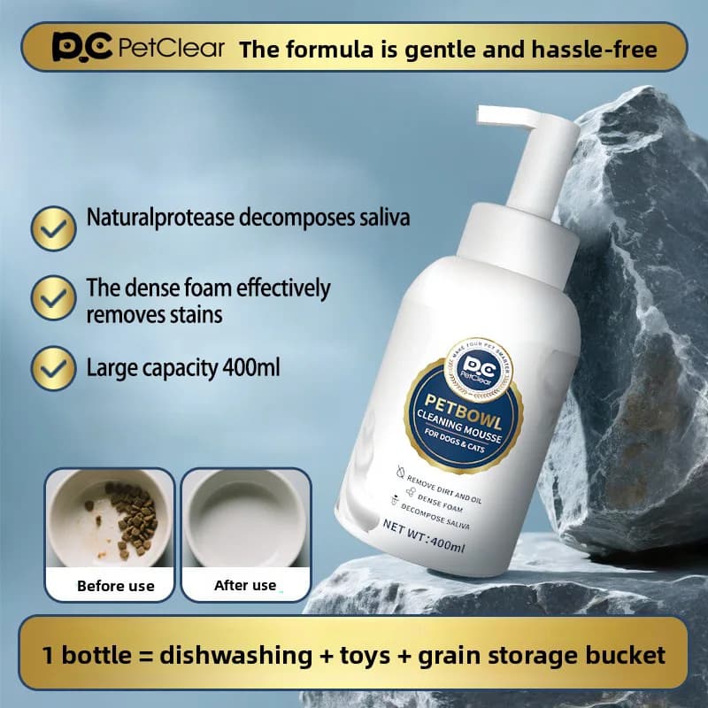 PetClear 400ml Mousse Detergente per Ciotole per Animali Domestici, Detergente Enzimatico Naturale Sicuro per Ciotole e Giocattoli di Cani e Gatti, Senza Irritazioni, Lavaggio Rapido con Schiuma