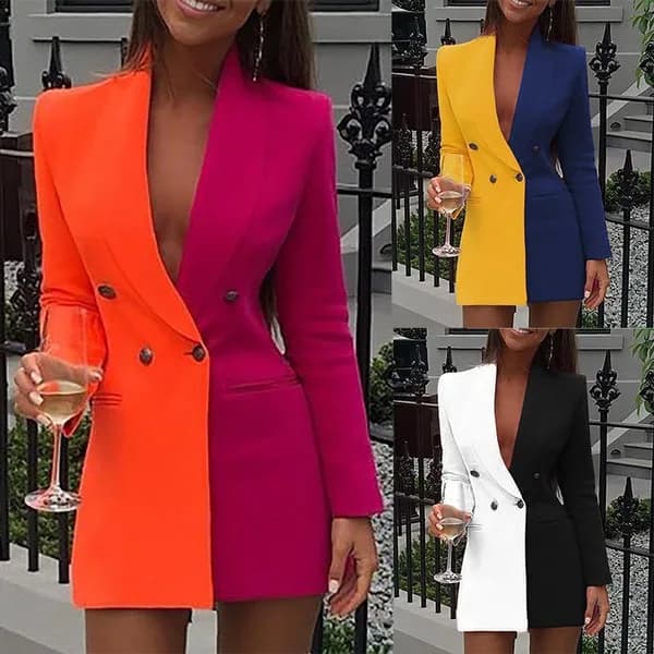 Nuovo Completo da Ufficio con Cardigan Aperto a V, Maniche Lunghe Patchwork, Giacca Elegante da Donna in Poliestere Tinta Unita
