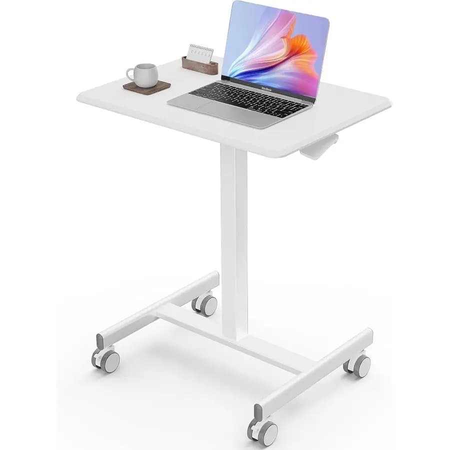 Scrivania Mobile Compatta Sit-Stand Portatile con Ruote Bloccabili, Postazione di Lavoro per Computer ad Altezza Regolabile