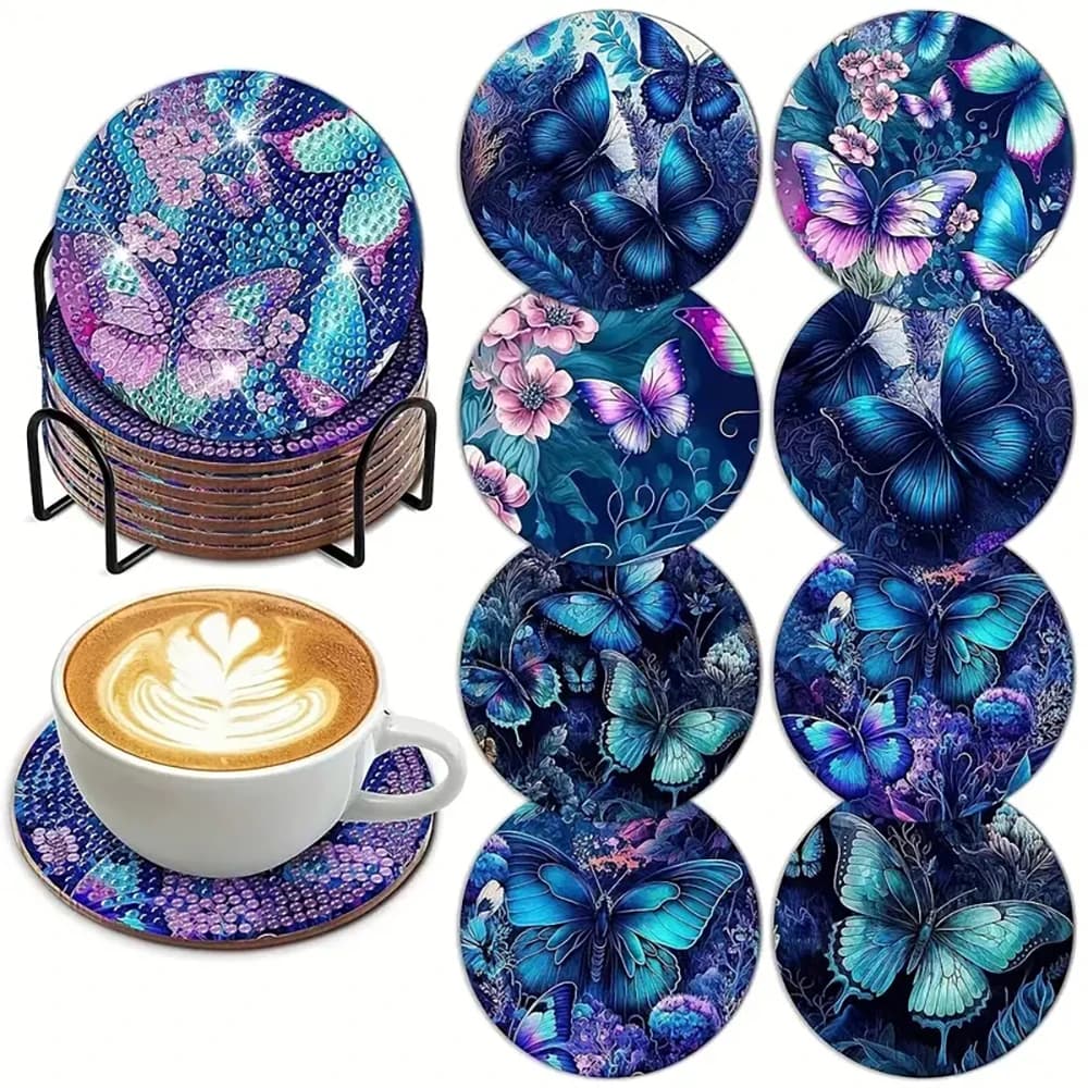 8 diamond art painting coasters with brackets, DIY Dream Butterfly series diamond art coasters, suitable for adults and beginner