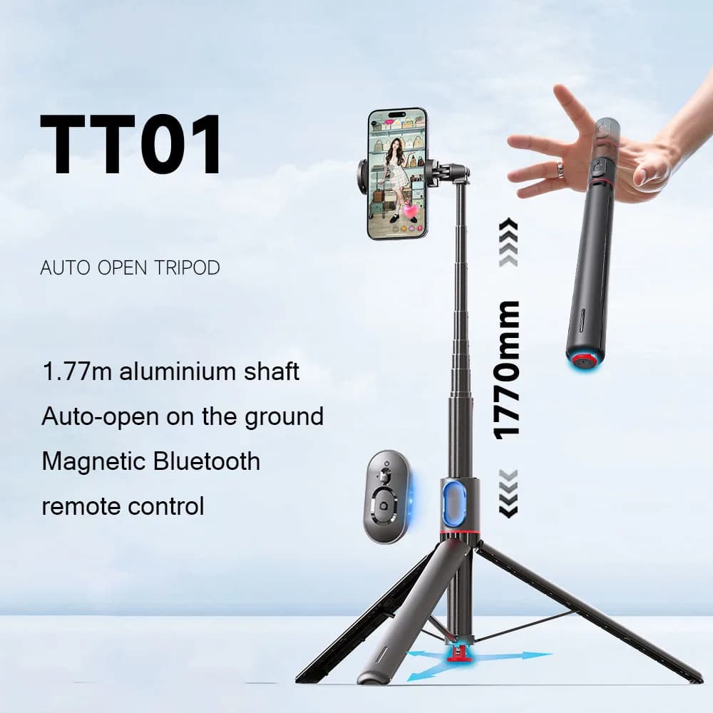 Bastone Selfie Magnetico Bluetooth da 1,77 m con Telecomando e Treppiede - Supporto Portatile per Telefono per Foto e Vlog, Asta per Selfie a Distanza
