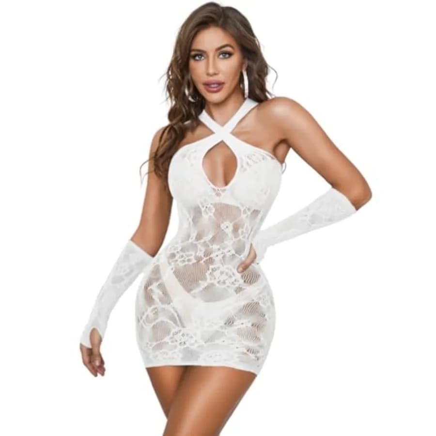 Completo da club EHSUYAB, top halter incrociato, guanti, abito sexy a rete aderente