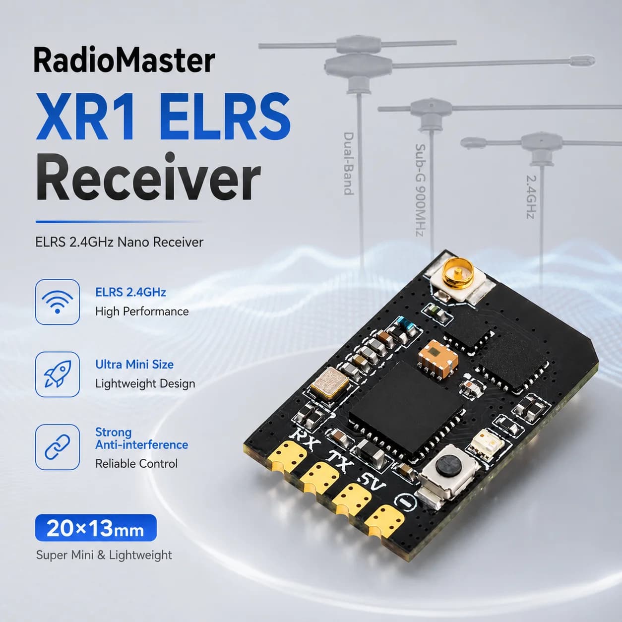RadioMaster XR1 ELRS 2.4GHz Receiver Single‑Band or Dual‑Band Antenna High Reliability 100mW RX for FPV Racing Drone